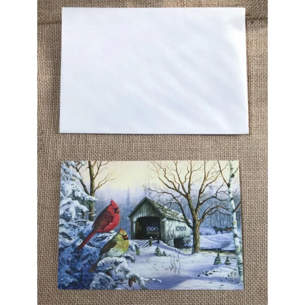 Terry Doughty Snowy Haven Winter Birds Covered Bridge Christmas Card Framable